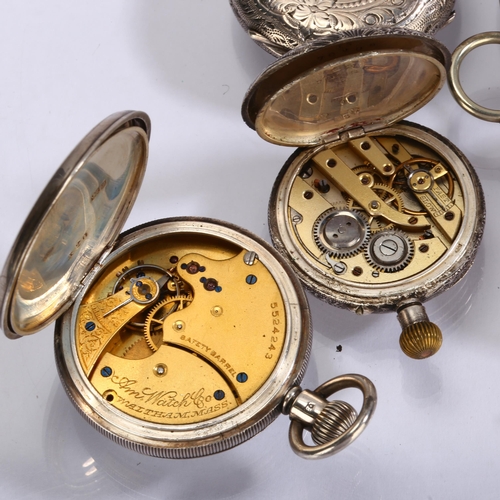 1066 - 5 Continental silver fob watches, including Waltham example, largest case width 38mm (5)