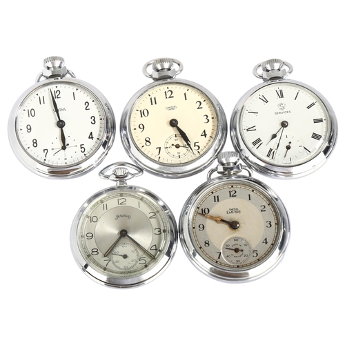 1068 - 5 chrome plated open-face keyless pocket watches, including Smiths, Empire and Services (5)