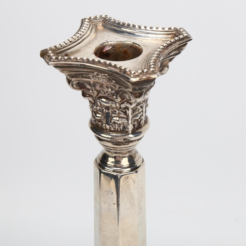 1403 - George V silver table candlestick, with hexagonal column and lion mask mounted base, London 1929, in... 