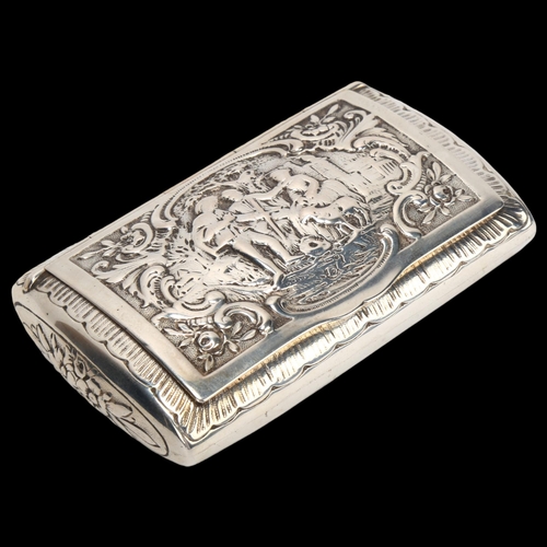 1406 - A Continental silver snuffbox, with hinged lid and relief design of rural figures to the lid, marks ... 