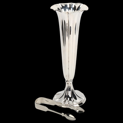 1407 - A Continental silver trumpet-shaped vase, marked 830, 5.7oz, height 26.5cm, and a pair of silver sug... 