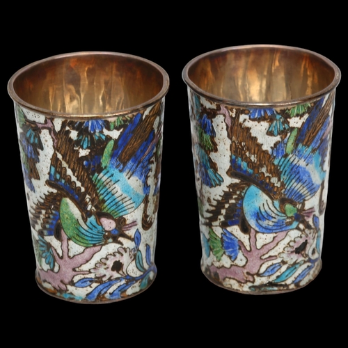 1414 - A pair of small Chinese silver and enamel drinking tots, with bird and blossom designs, impressed ma... 