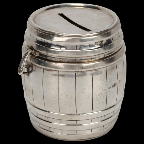 1416 - A late Victorian novelty silver barrel design money box with hinged lid, Saunders & Shepherd, Birmin... 