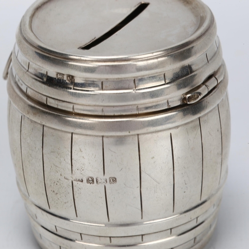 1416 - A late Victorian novelty silver barrel design money box with hinged lid, Saunders & Shepherd, Birmin... 