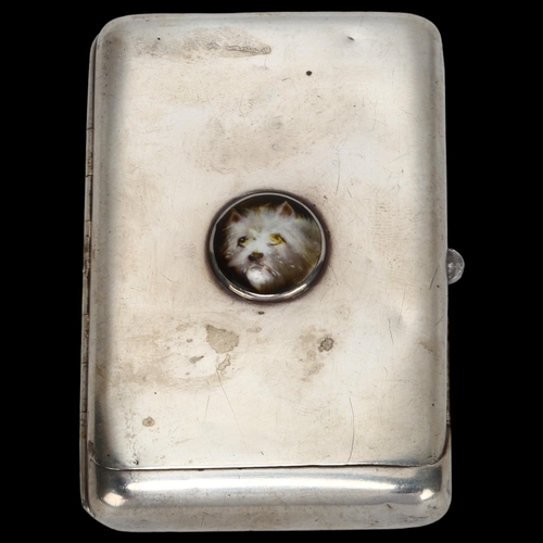 1420 - A William Essex silver and enamel cigarette case, with inset portrait of a Terrier, William Summers,... 