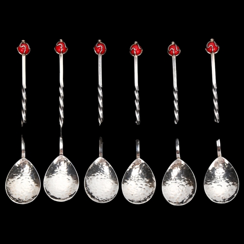 1422 - SARGISONS, HOBART, TASMANIA - hammered silver and coral set teaspoons, original case