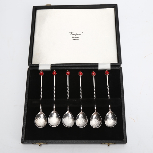 1422 - SARGISONS, HOBART, TASMANIA - hammered silver and coral set teaspoons, original case