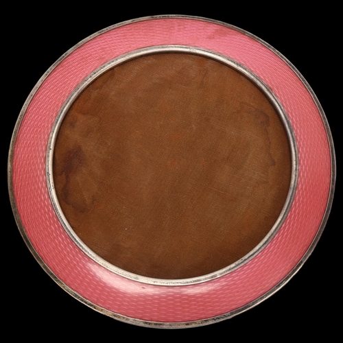 1426 - Art Deco circular silver and pink celluloid photo frame, Joseph Gloster, Birmingham 1925, diameter 1... 