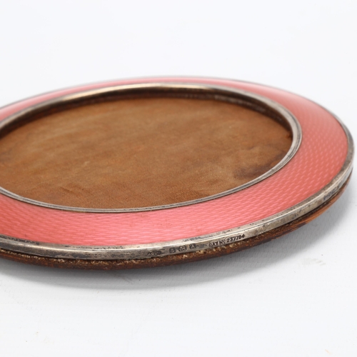 1426 - Art Deco circular silver and pink celluloid photo frame, Joseph Gloster, Birmingham 1925, diameter 1... 