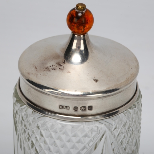 1429 - A silver and amber lidded cut-glass box, Edgar Rawl Clifford for Dollis Glass Co London, 1942, heigh... 