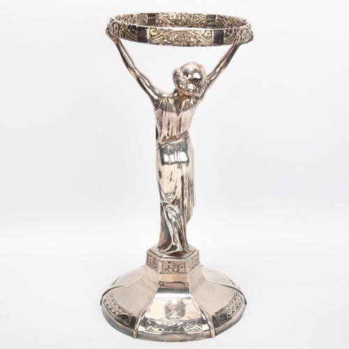 1432 - A large French/Austrian Art Nouveau electroplate table centre piece, supported by a Classical figure... 
