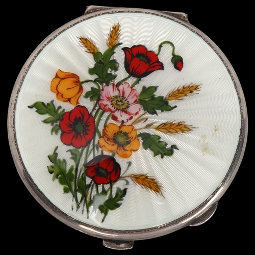 1438 - Elizabeth II circular silver and enamel compact, floral painted lid, London 1961, 7cm across