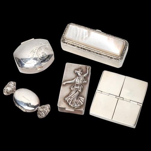 1439 - A group of 4 modern novelty silver boxes, and a sterling silver 4-section pillbox, 4.5cm across (5)