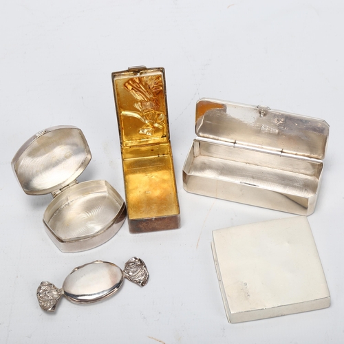 1439 - A group of 4 modern novelty silver boxes, and a sterling silver 4-section pillbox, 4.5cm across (5)