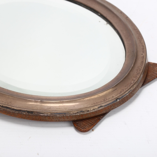 1449 - George V oval silver strut mirror, Birmingham 1926, with oak strut back, height 24.5cm