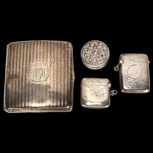 1452 - A group of 4 silver Vesta cases, pillbox and cigarette case, 4.98oz gross