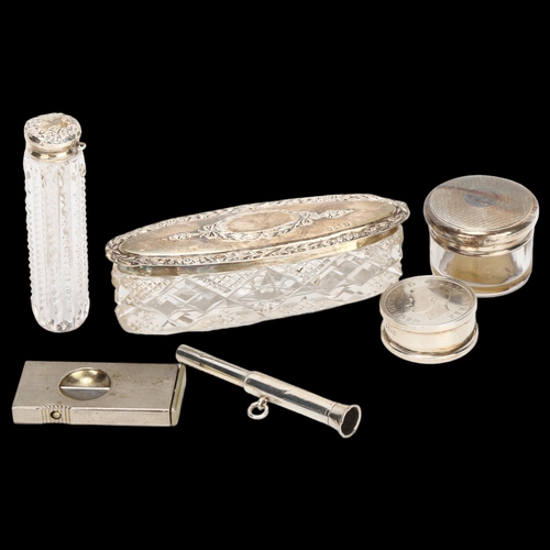 1453 - A silver-lidded toilet jar, 2 other small silver-mounted jars, plated cigar cutter, silver cigar pie... 