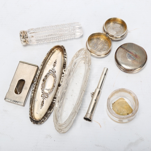 1453 - A silver-lidded toilet jar, 2 other small silver-mounted jars, plated cigar cutter, silver cigar pie... 