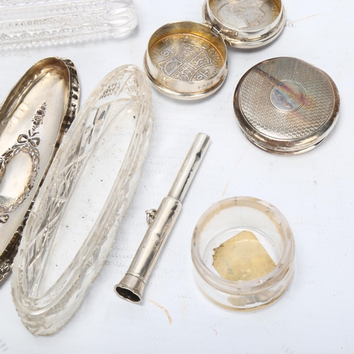 1453 - A silver-lidded toilet jar, 2 other small silver-mounted jars, plated cigar cutter, silver cigar pie... 