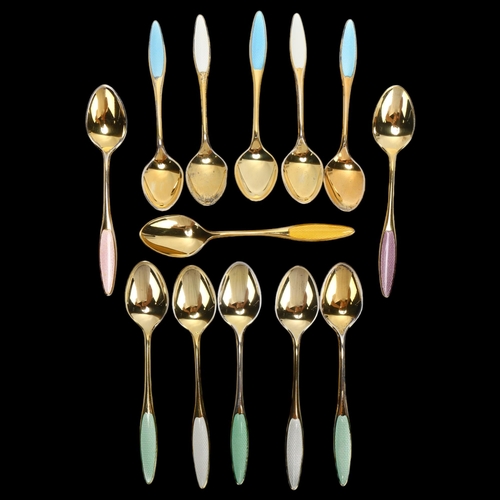 1457 - FRIGAST - gilded sterling and coloured enamel teaspoons (13)