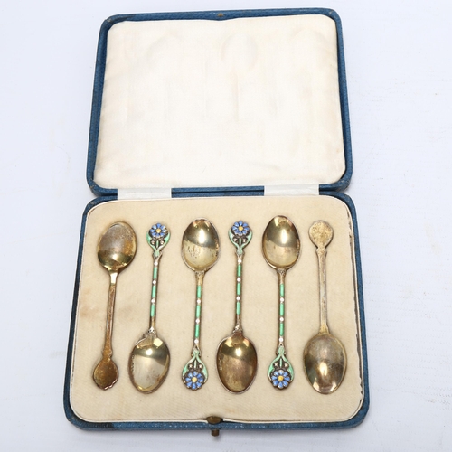 1465 - Cased set of George V silver and coloured enamel teaspoons, Birmingham 1931