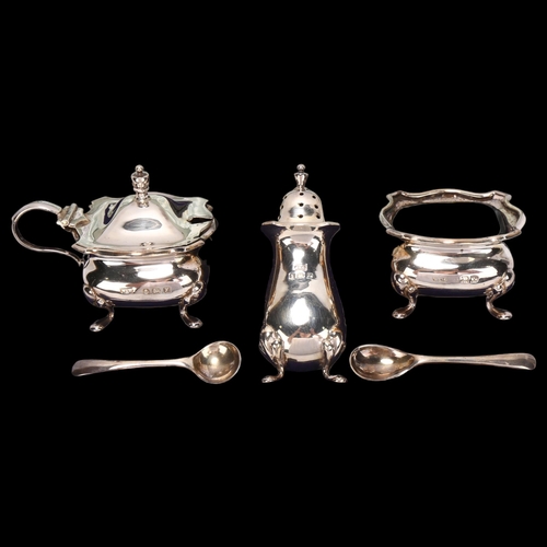 1473 - A cased  3-piece silver cruet set, blue glass liners and original spoons, Walker & Hall