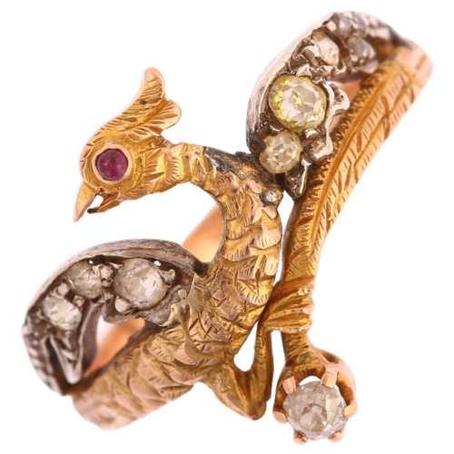 1100 - An Austro-Hungarian gold ruby and diamond figural phoenix bird ring, set with cabochon ruby eye and ... 