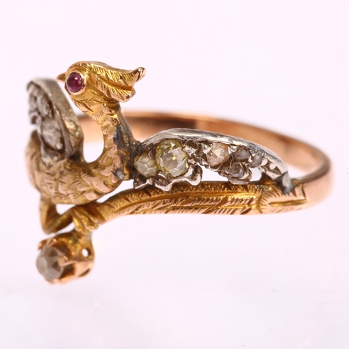 1100 - An Austro-Hungarian gold ruby and diamond figural phoenix bird ring, set with cabochon ruby eye and ... 