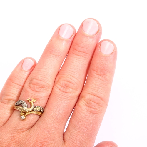 1100 - An Austro-Hungarian gold ruby and diamond figural phoenix bird ring, set with cabochon ruby eye and ... 