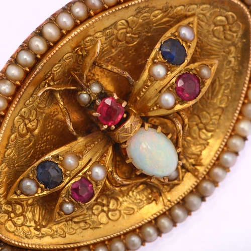 1102 - A Victorian figural bee bug memorial brooch, unmarked yellow metal settings with gem set bee within ... 