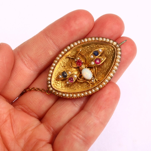 1102 - A Victorian figural bee bug memorial brooch, unmarked yellow metal settings with gem set bee within ... 