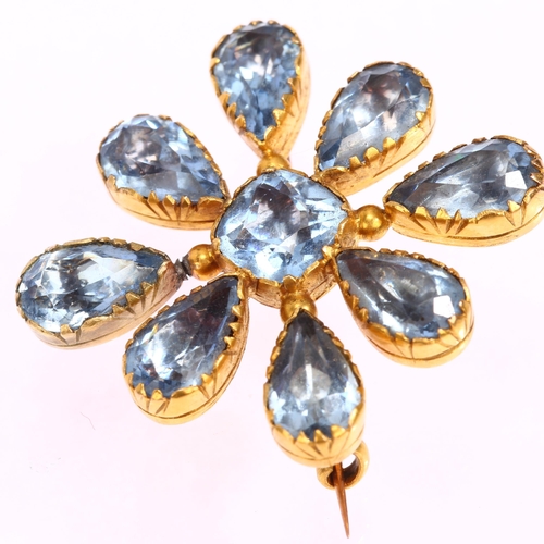 1108 - A Victorian 9ct gold blue paste quatrefoil brooch, with closed back settings, width 37.6mm, 9.1g