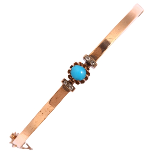 1111 - A 14ct rose gold turquoise glass and diamond hinged bangle, tongue stamped with maker's mark, band w... 