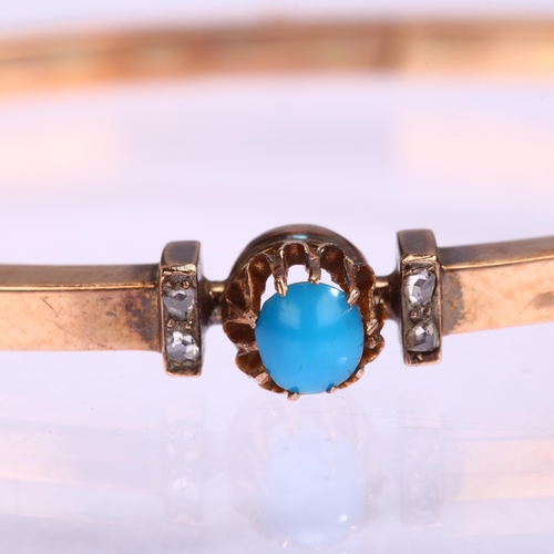 1111 - A 14ct rose gold turquoise glass and diamond hinged bangle, tongue stamped with maker's mark, band w... 