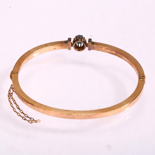 1111 - A 14ct rose gold turquoise glass and diamond hinged bangle, tongue stamped with maker's mark, band w... 