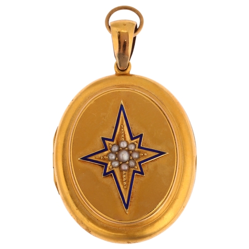 1112 - A Victorian split pearl and blue enamel star locket pendant, unmarked gold settings, pendant height ... 