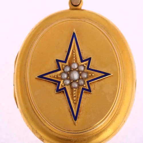 1112 - A Victorian split pearl and blue enamel star locket pendant, unmarked gold settings, pendant height ... 