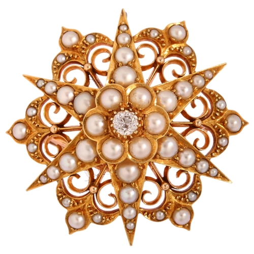 1115 - A Victorian split pearl and diamond 6-ray starburst brooch, unmarked gold settings with central 0.15... 