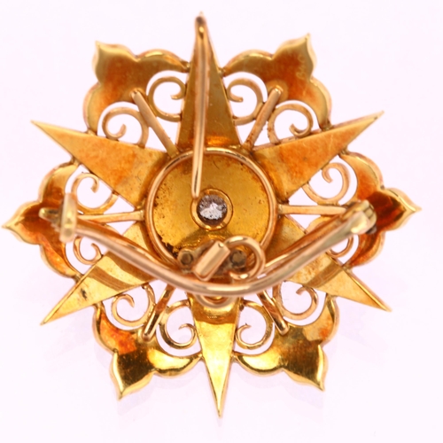 1115 - A Victorian split pearl and diamond 6-ray starburst brooch, unmarked gold settings with central 0.15... 