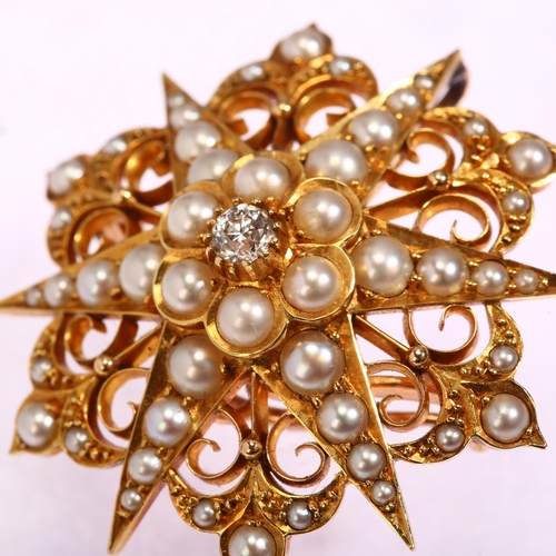 1115 - A Victorian split pearl and diamond 6-ray starburst brooch, unmarked gold settings with central 0.15... 