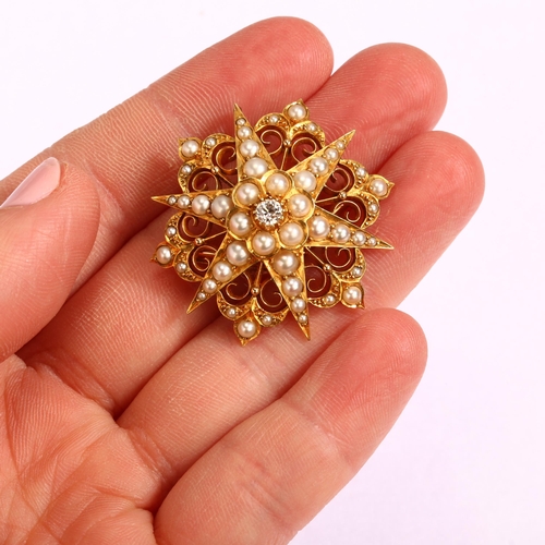 1115 - A Victorian split pearl and diamond 6-ray starburst brooch, unmarked gold settings with central 0.15... 