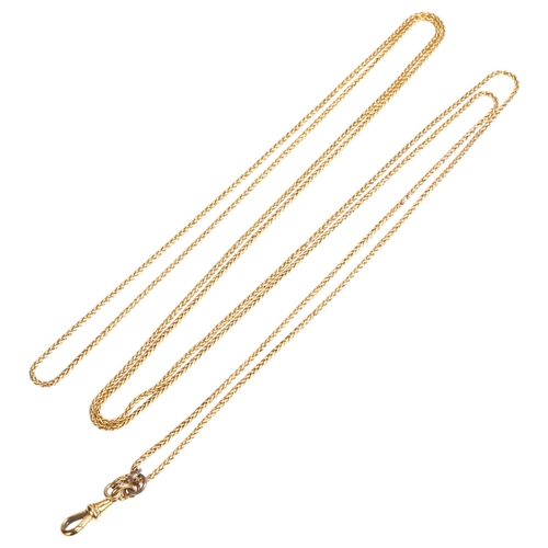 1117 - An Antique foxtail link long guard chain, unmarked gold, with unmarked dog clip, length 140cm, 29.1g