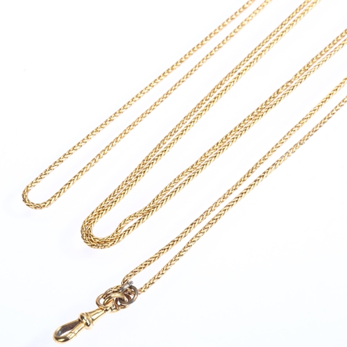 1117 - An Antique foxtail link long guard chain, unmarked gold, with unmarked dog clip, length 140cm, 29.1g