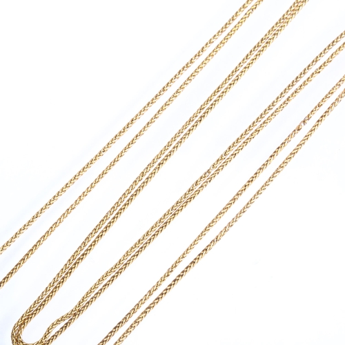 1117 - An Antique foxtail link long guard chain, unmarked gold, with unmarked dog clip, length 140cm, 29.1g