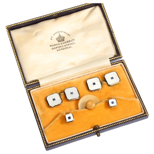 1118 - A cased set of 9ct and 18ct gold sapphire and mother-of-pearl dress set, comprising pair of cufflink... 