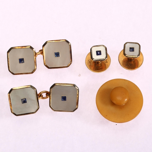 1118 - A cased set of 9ct and 18ct gold sapphire and mother-of-pearl dress set, comprising pair of cufflink... 