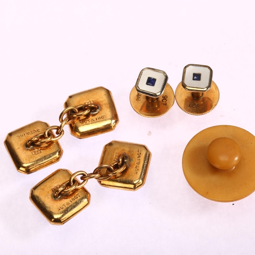 1118 - A cased set of 9ct and 18ct gold sapphire and mother-of-pearl dress set, comprising pair of cufflink... 