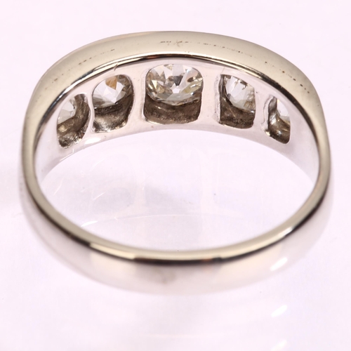 1123 - A graduated five stone diamond half hoop ring, unmarked white metal settings with old-cut diamonds, ... 