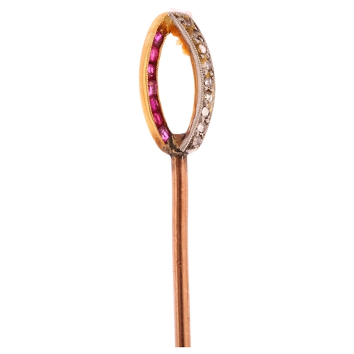 1124 - An Art Deco ruby and diamond ellipse? stickpin, unmarked gold settings with calibre-cut rubies and r... 