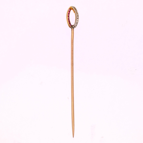 1124 - An Art Deco ruby and diamond ellipse? stickpin, unmarked gold settings with calibre-cut rubies and r... 